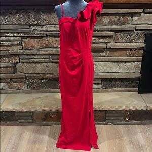 VSHOW Elegant Red One-Shoulder Ruffle Gown